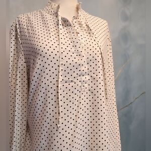 Polka Dot Blouse - Cream Ivory White And Black Ruffle Collar Optional Tie Neck M